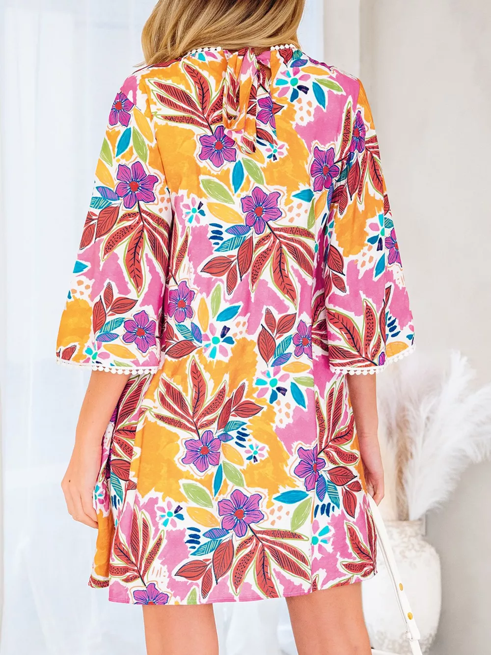 Floral Print Lace Trimmed Tie Back Bell Sleeve Swing Mini Dress, image 4