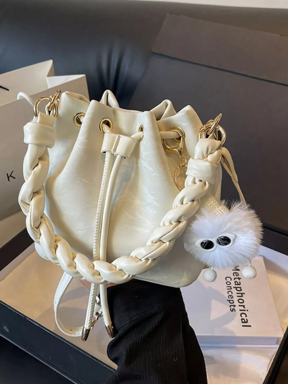 Chunky Chain Trim Drawstring Bucket Crossbody Bag, image 8