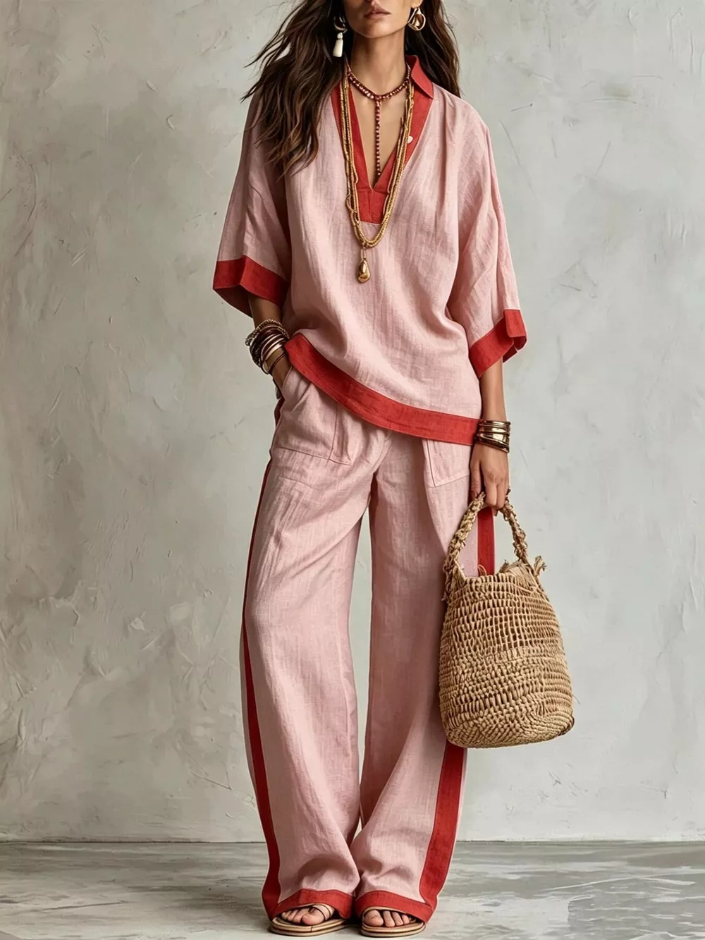 Full Size Contrast Trim Top and Wide Leg Pants Set Plus Size, image 7