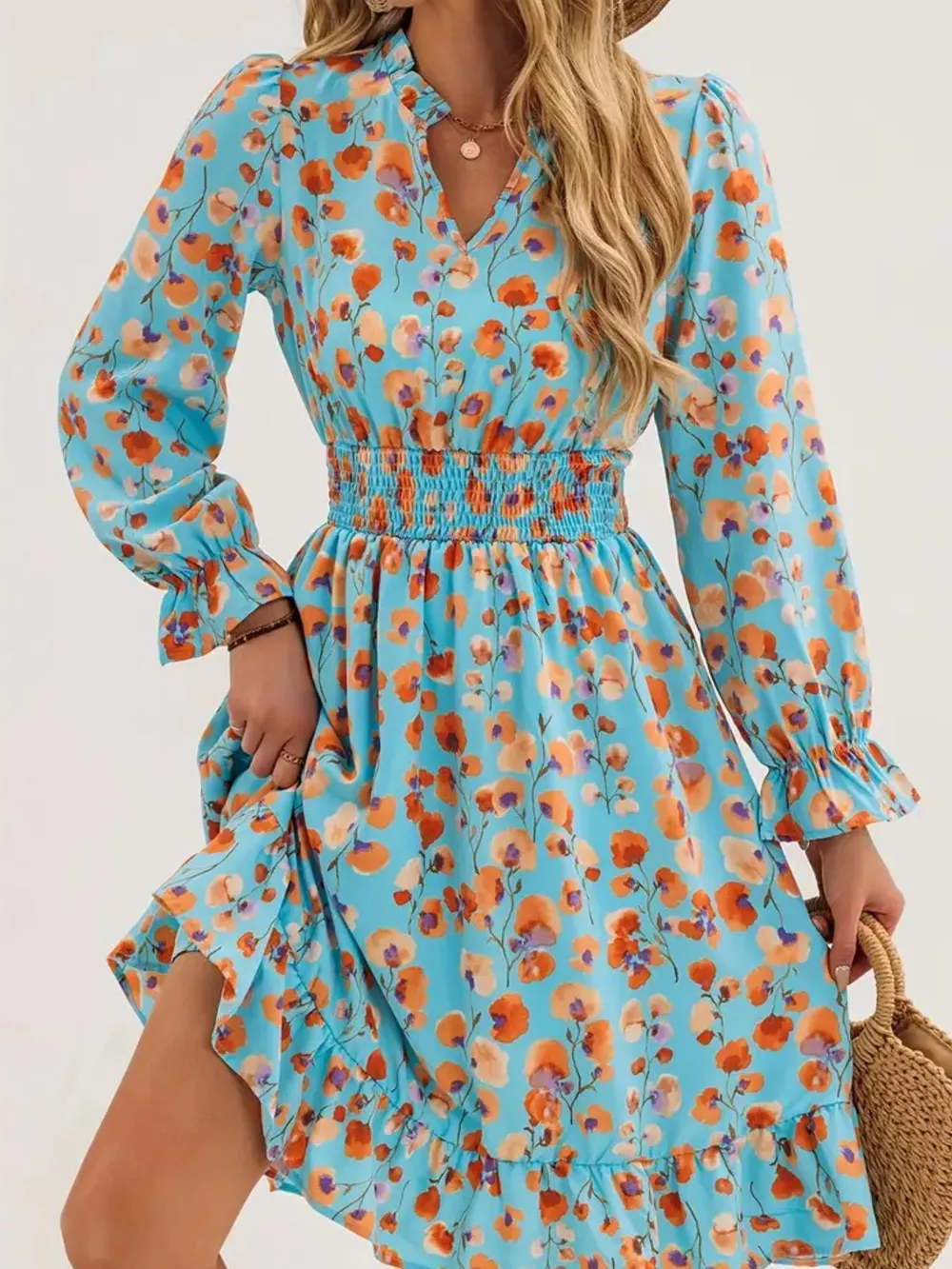 Floral Notched Flounce Sleeve Dress, image 4