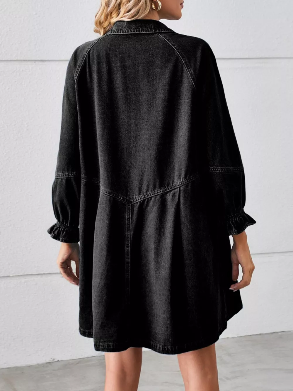 Button Down Ruffle Cuff Denim Dress, image 2