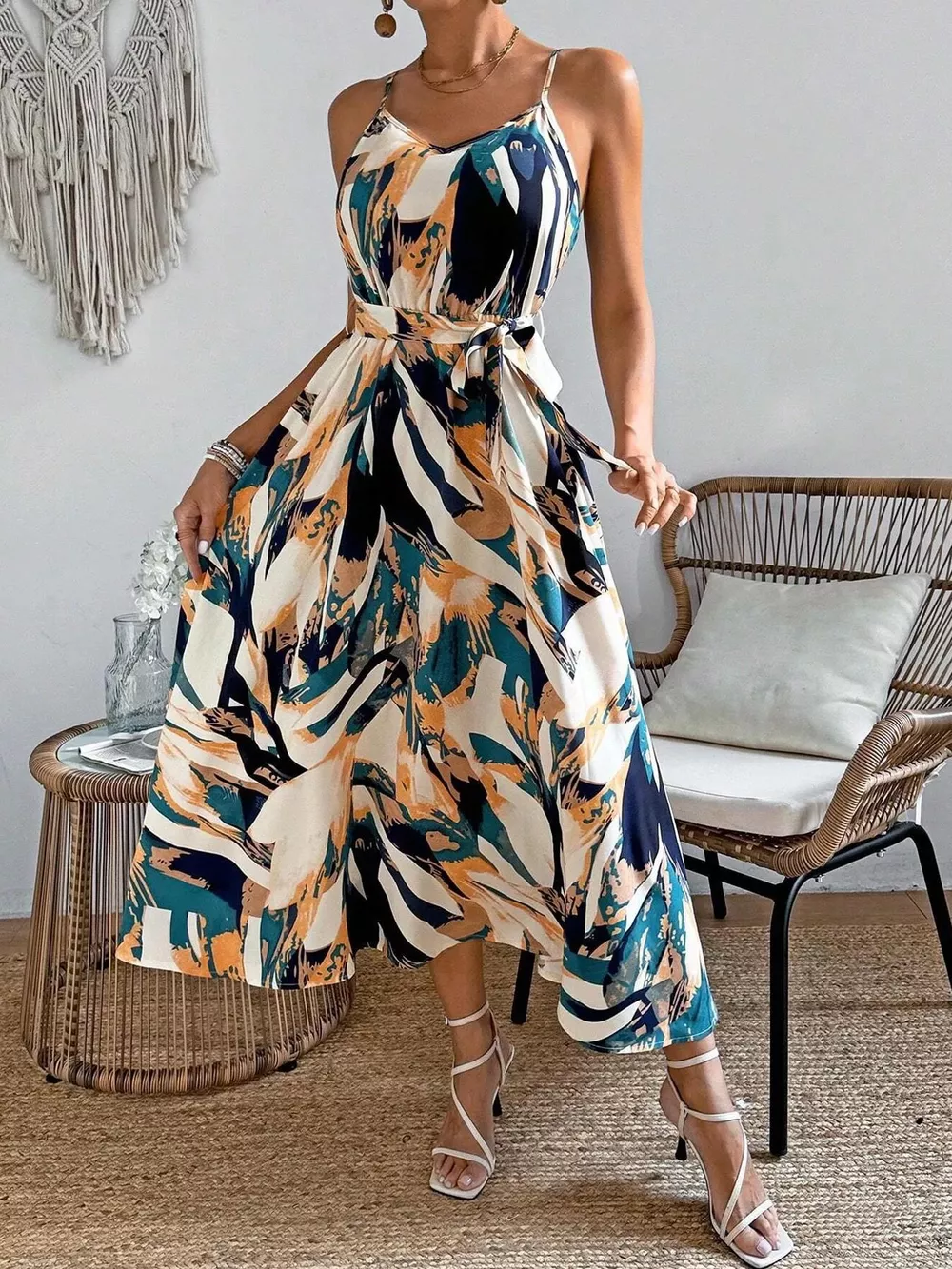 Abstract Print Tie Waist Cami Dress, image 9