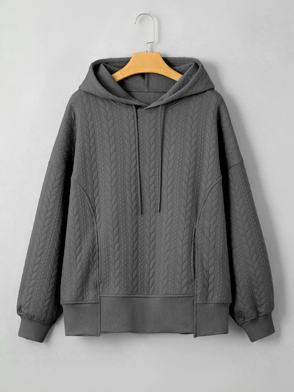Drawstring Textured Baggy Solid Hoodie, image 4