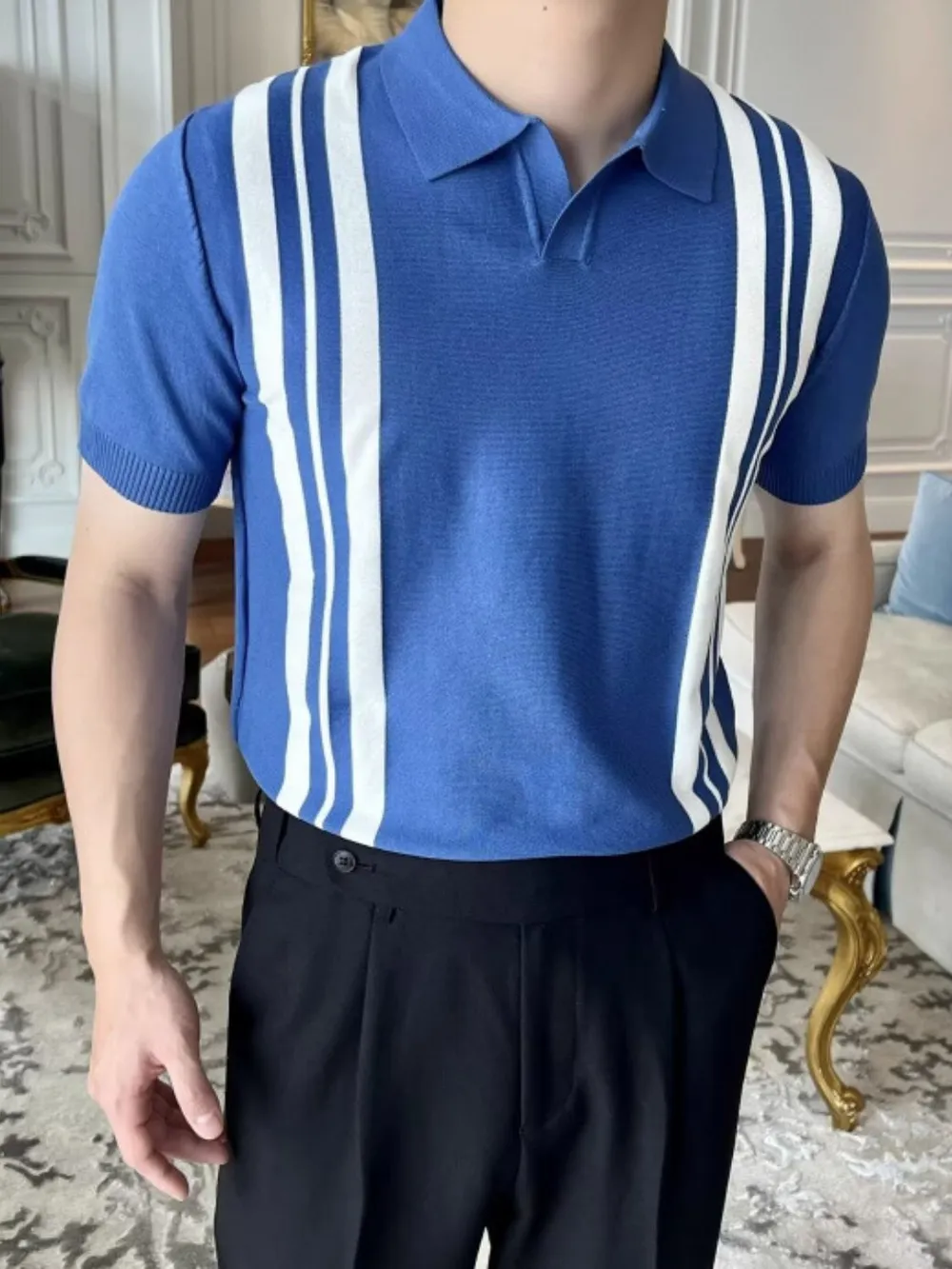 Men's Plus Size Contrast Collared Neck Short Sleeve Polo, image 2
