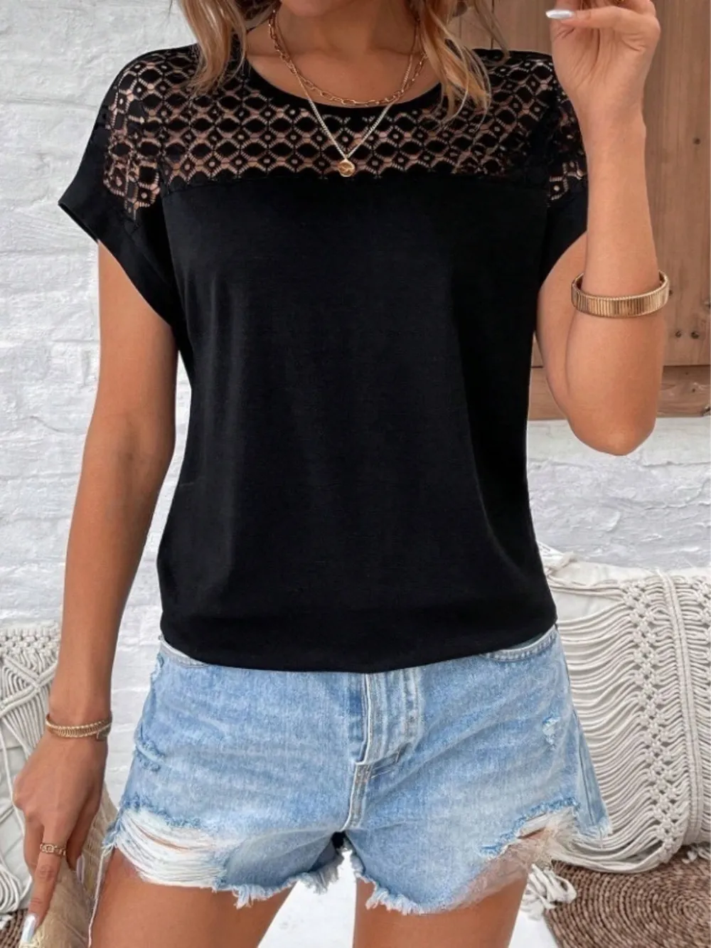 Lace Round Neck Short Sleeve T-Shirt, image 12