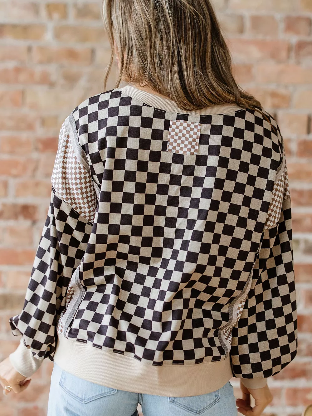 Mixed Checkered Pattern Patchwork High Low Casual Top, image 4