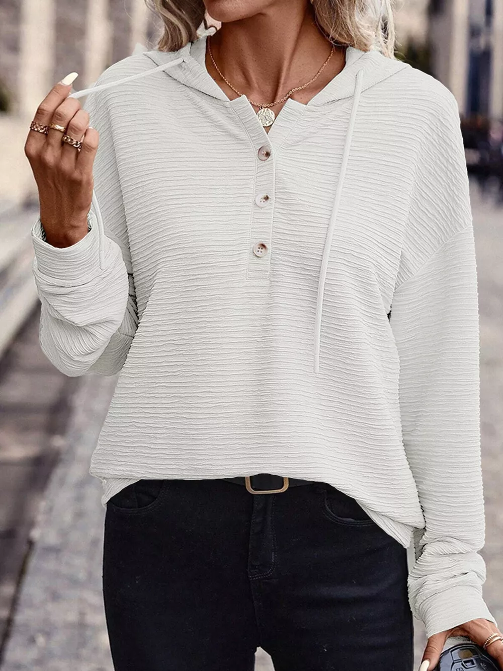 Drawstring Quarter Button Long Sleeve Hoodie, image 25
