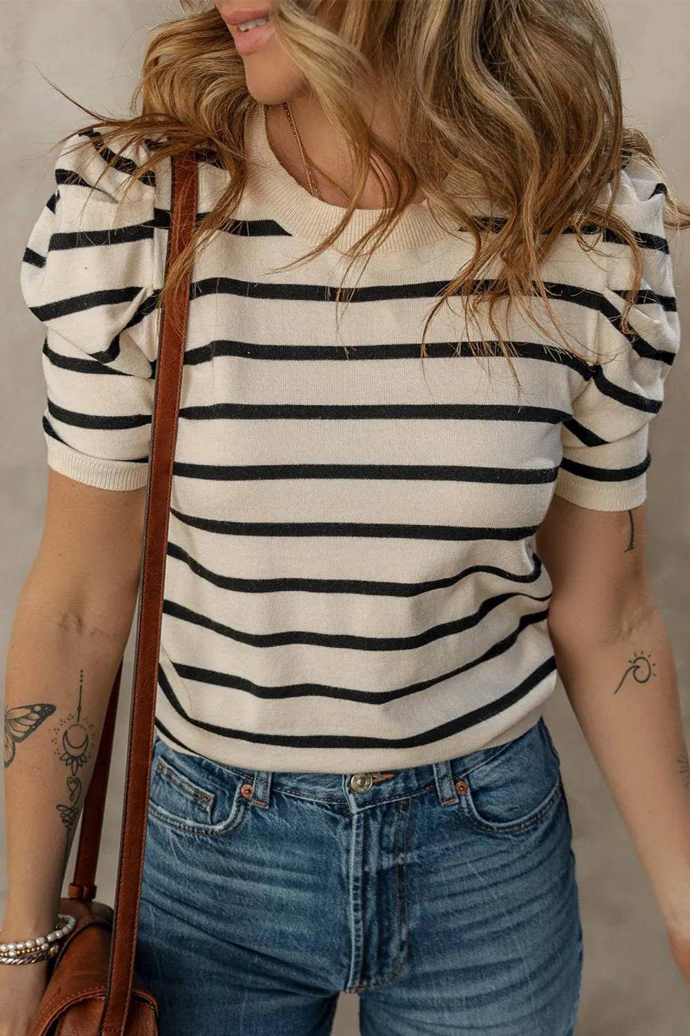 Striped Round Neck Puff Sleeve Knit Top, image 4