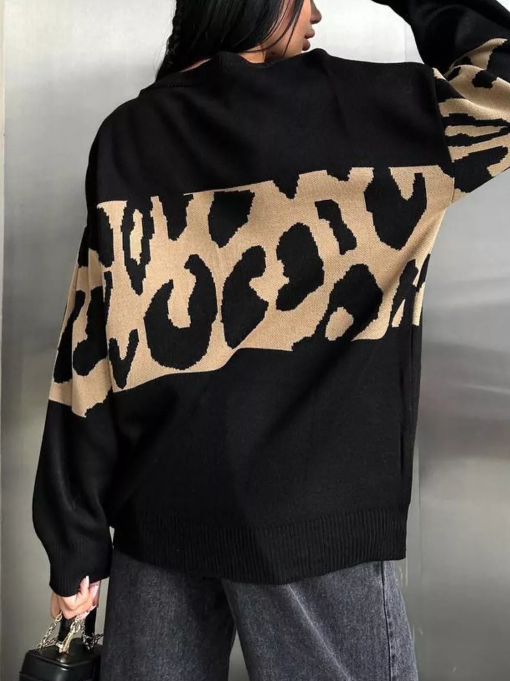Leopard Color Block Round Neck Sweater, image 2