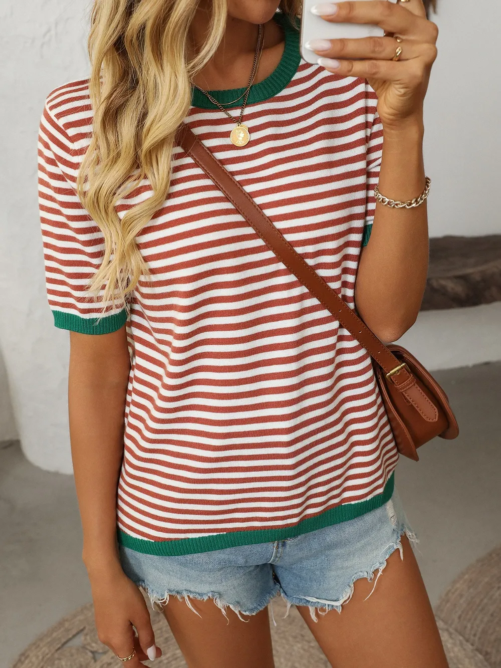 Striped Round Neck Half Sleeve Knit Top, image 3