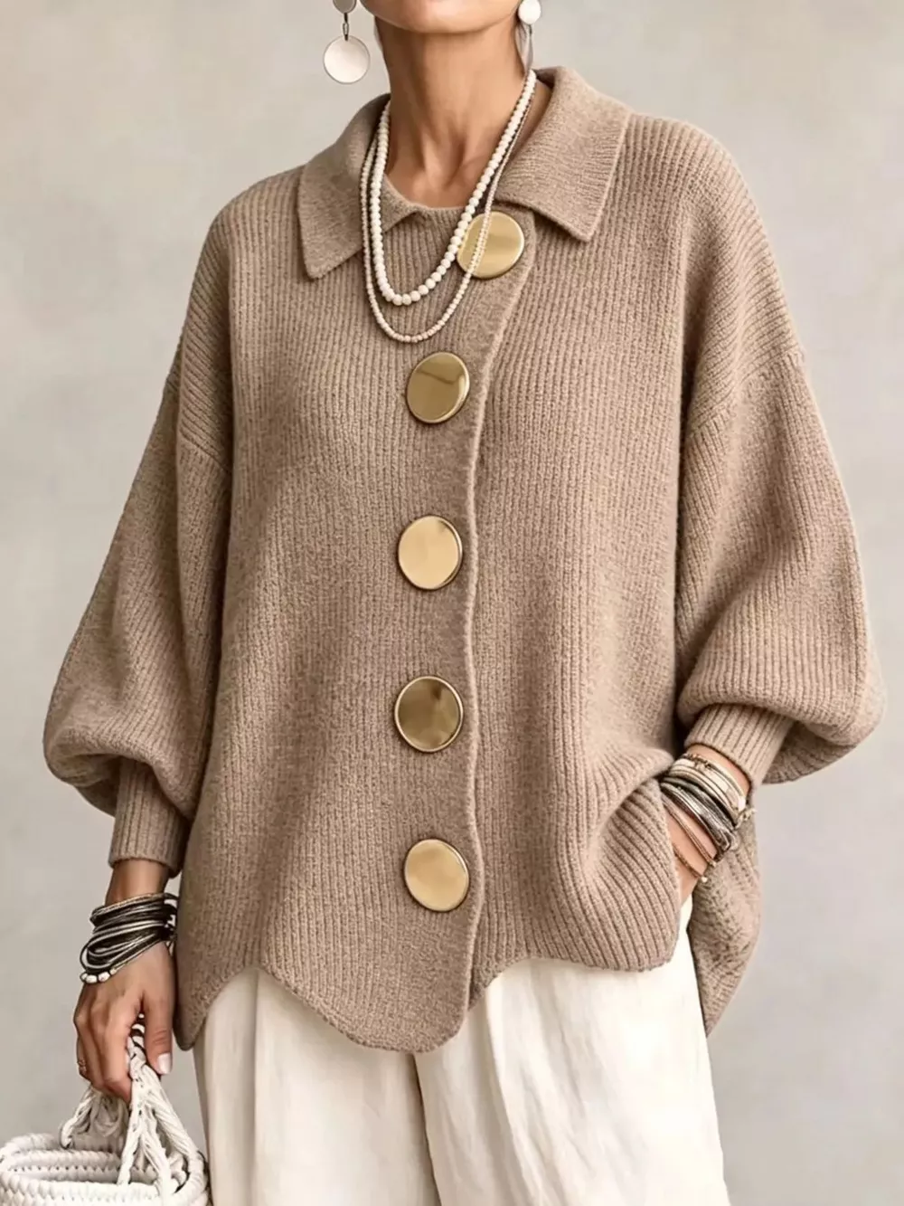 Full Size Gold Buttons Lantern Sleeve Cardigan Plus Size, image 25