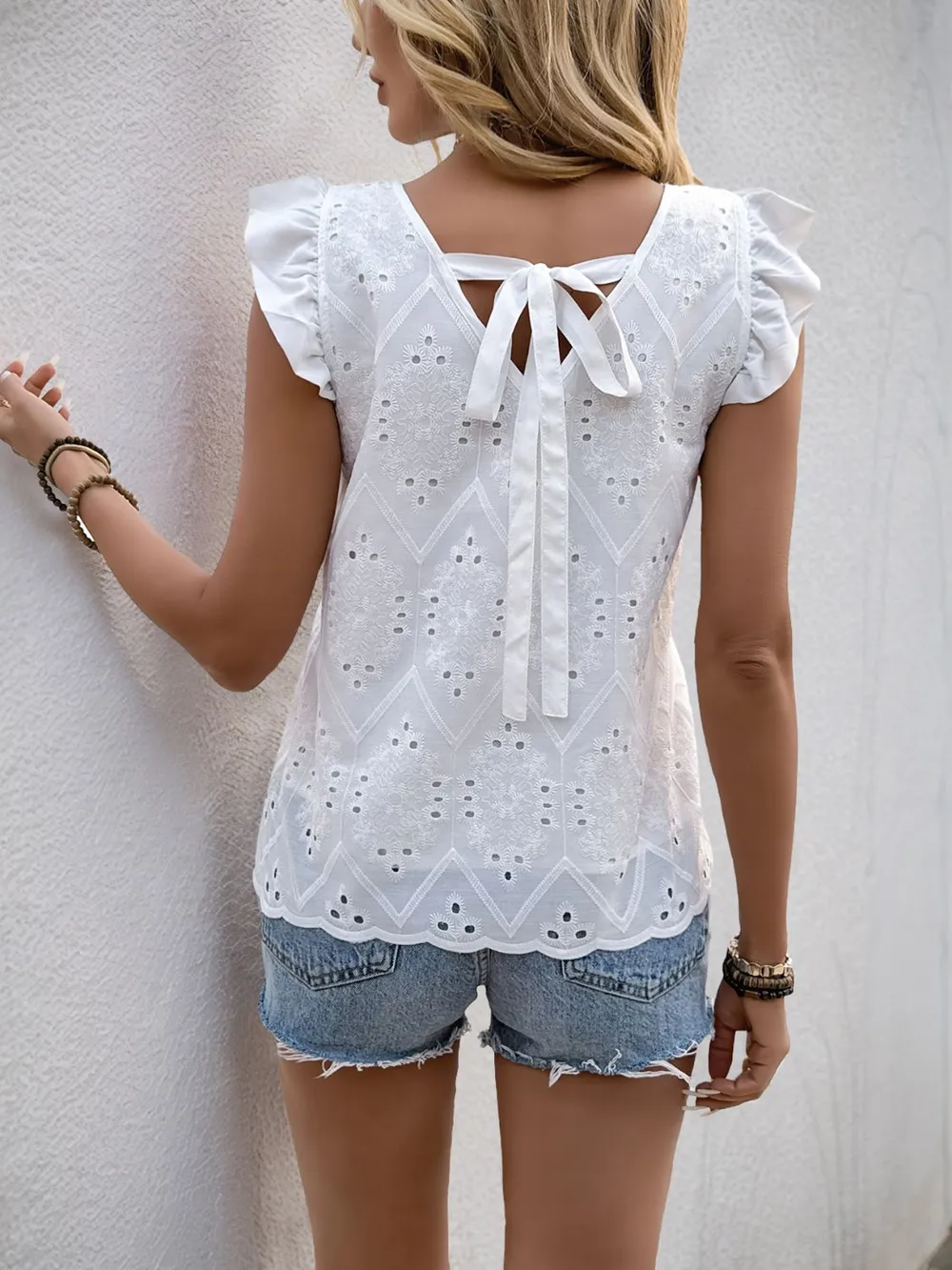 Eyelet V-Neck Ruffled Cap Sleeve Blouse, image 2