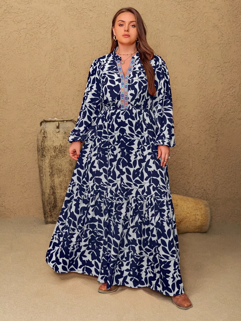 Plus Size Floral Print Notched Long Sleeve Maxi Dress, image 2