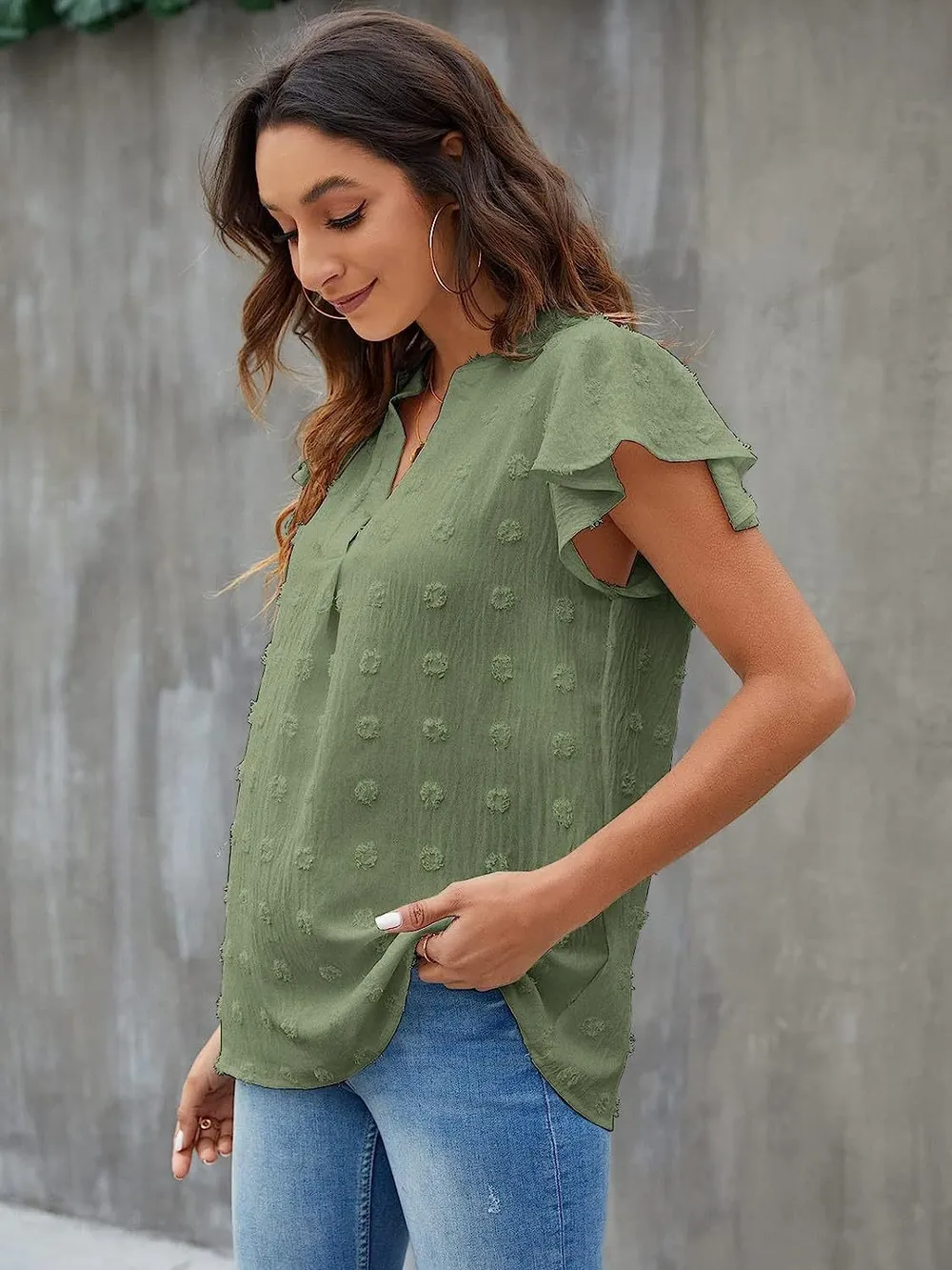 Swiss Dot Notched Cap Sleeve Blouse, image 27