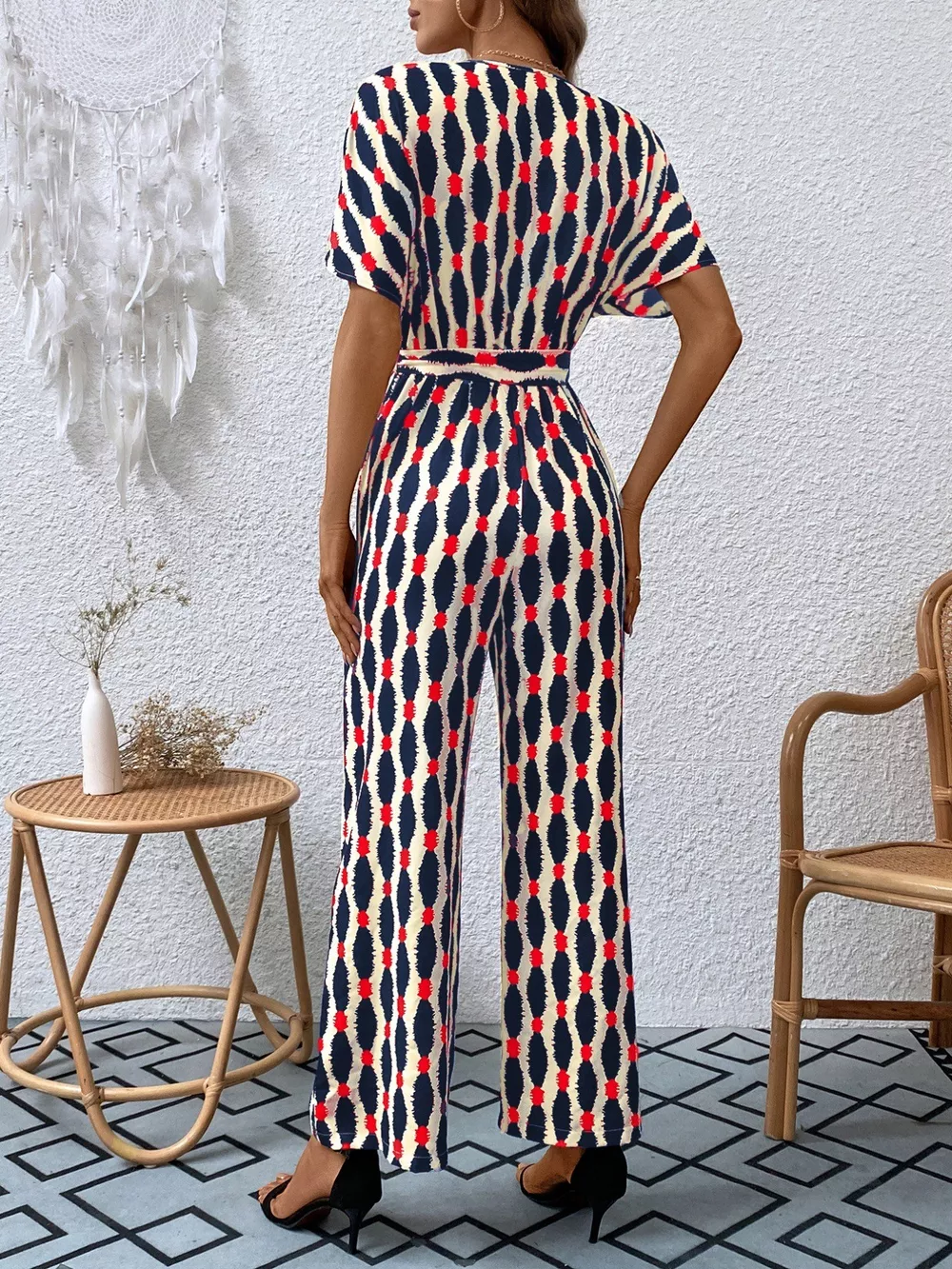 Printed Surplice Tie Waist Short Sleeve Jumpsuit, image 5