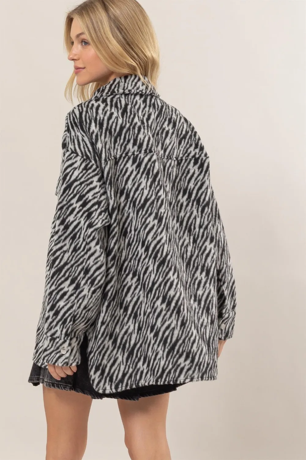 Zebra Print Snap Down Long Sleeve Shacket, image 2
