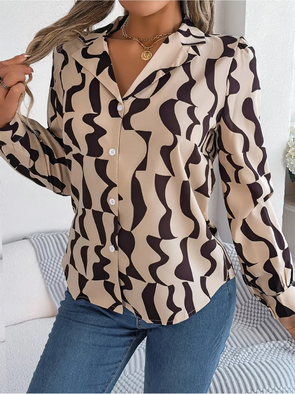 Printed Button Up Long Sleeve Shirt, image 9