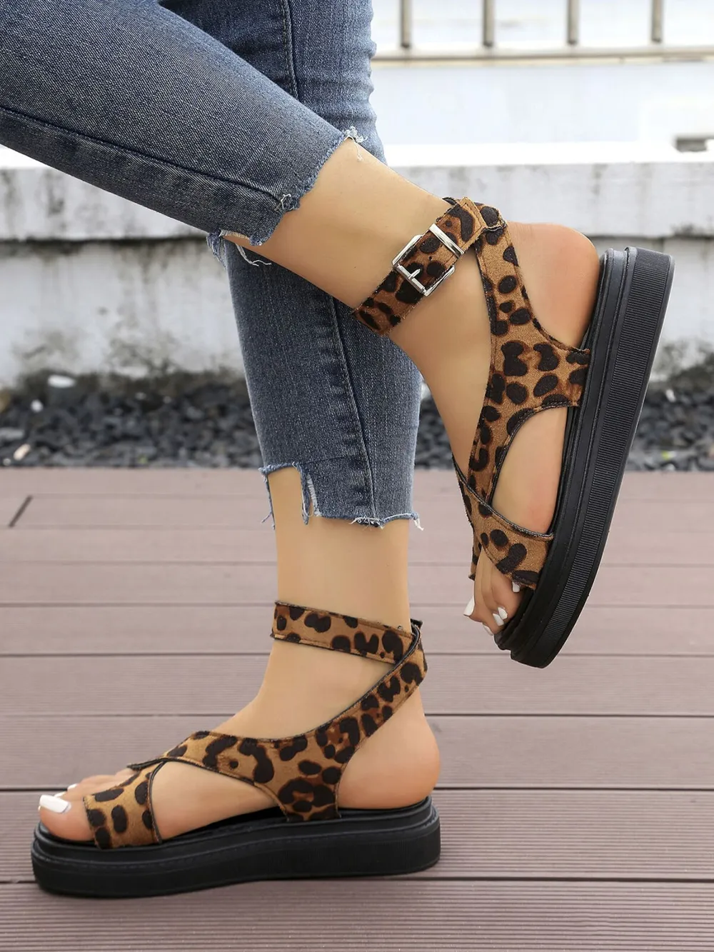Leopard Print Platform Ankle Strap Sandals, image 2