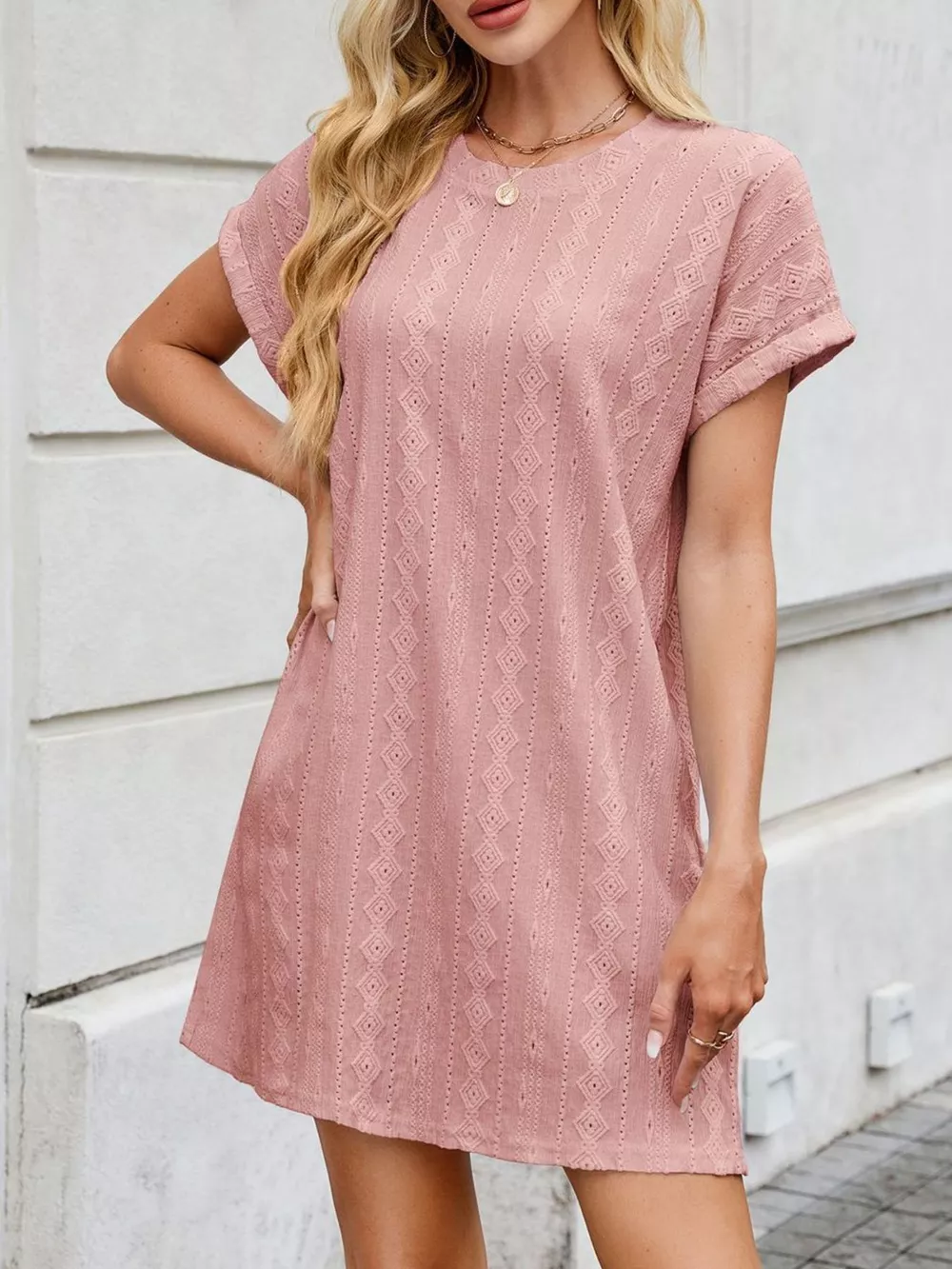 Eyelet Round Neck Casual Mini Dress, image 10