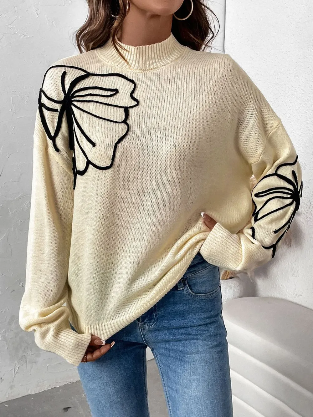 Mock Neck Dropped Shoulder Long Sleeve Sweater, image 4