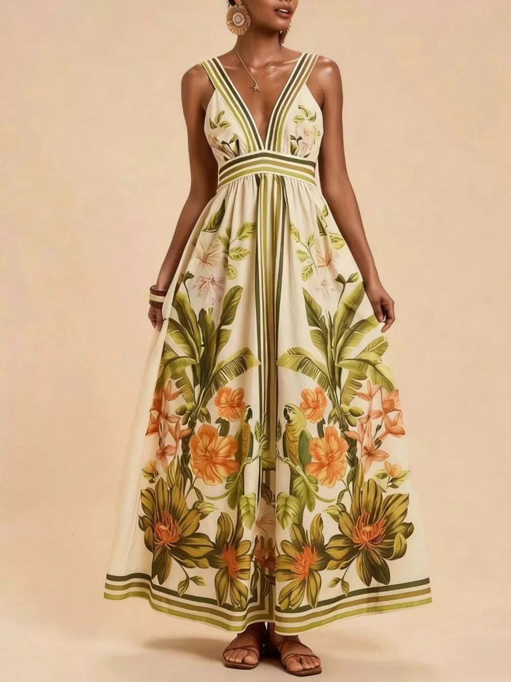 Tropical Print V-Neck Maxi Dress, image 3