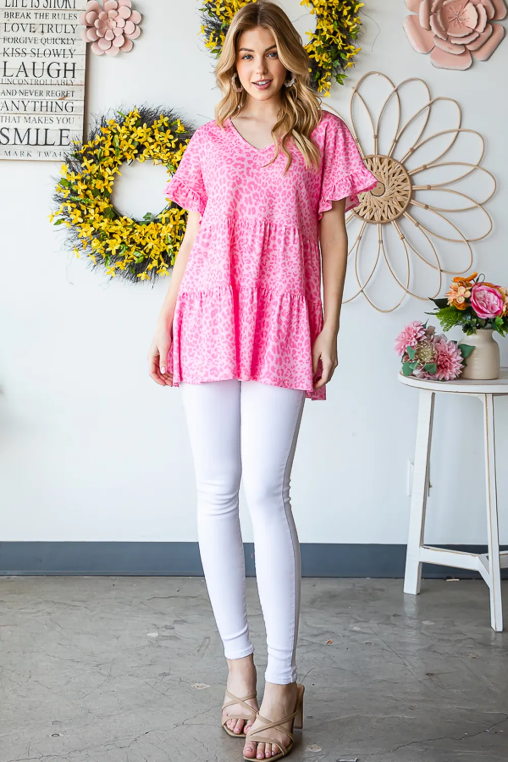 Full Size Leopard Ruffle Trim Short Sleeve Top, image 5