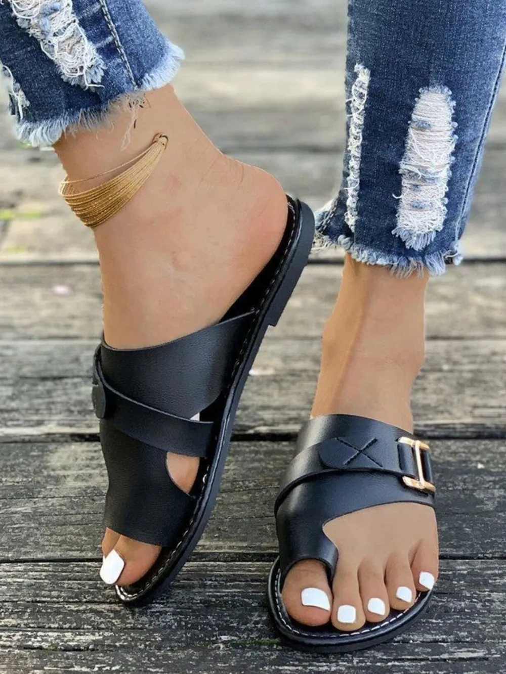 Casual Toe Ring Buckle Flat Sandals, image 4