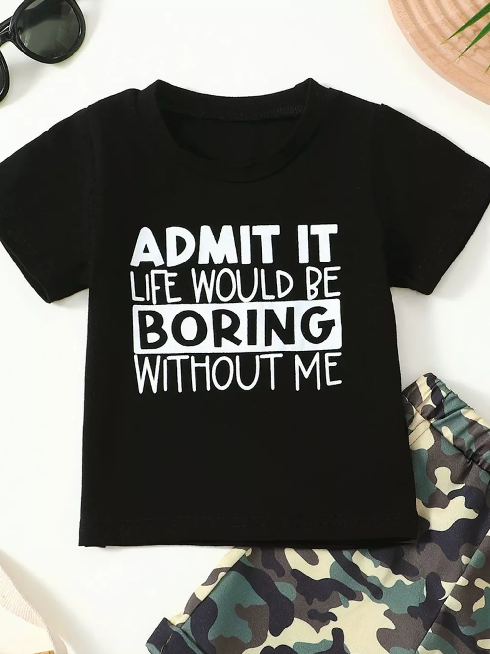 Children's Letter Graphic Tee and Camouflage Shorts Set, image 5