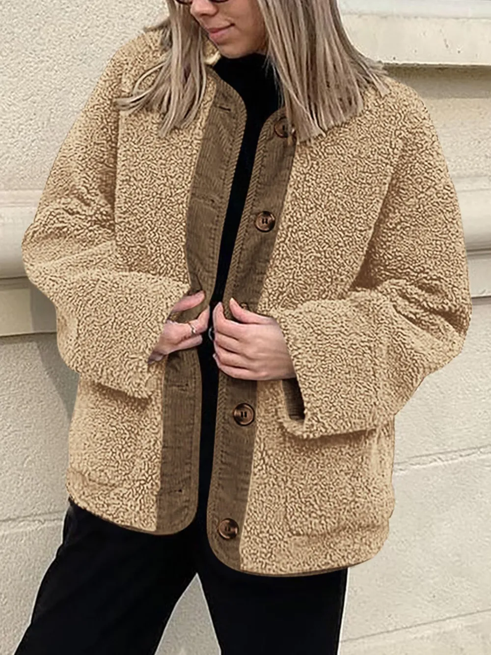 Contrast Button Up Sherpa Jacket with Pockets, image 12