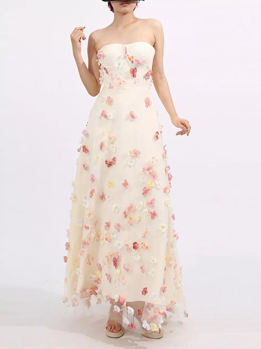 Floral Applique Strapless Tulle Maxi Dress, image 6