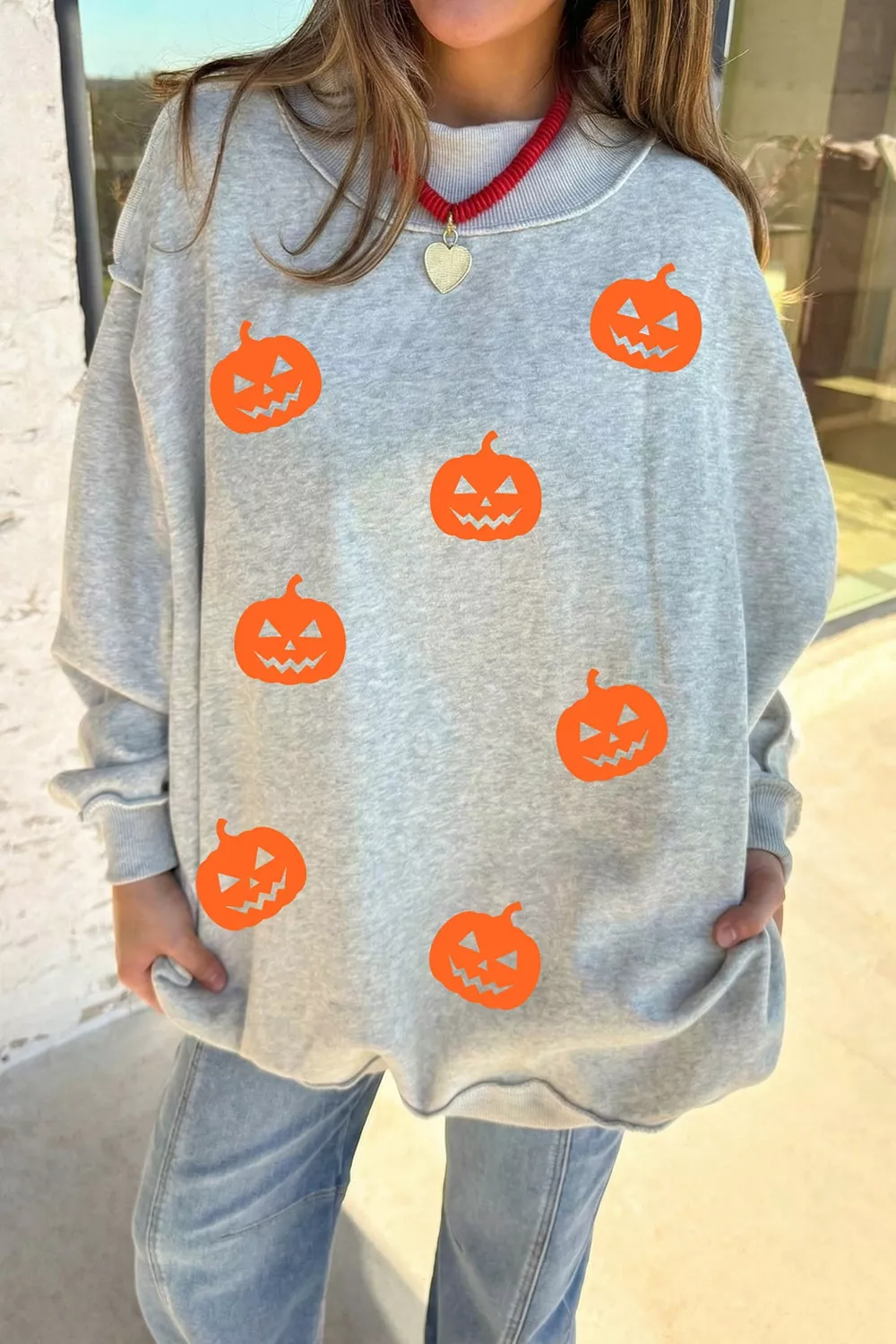 Halloween Pumpkin Face Print Mock Neck Reversible Sweatshirt, image 5