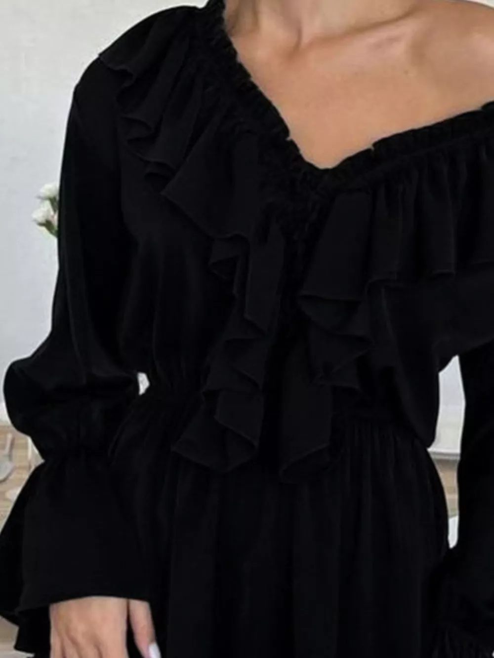 Ruffled V-Neck Long Sleeve Mini Dress, image 7