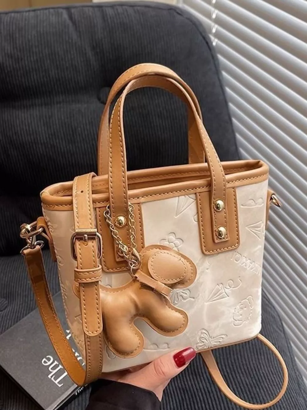 Embossed Pattern Crossbody Bag with Dog Charm, image 2