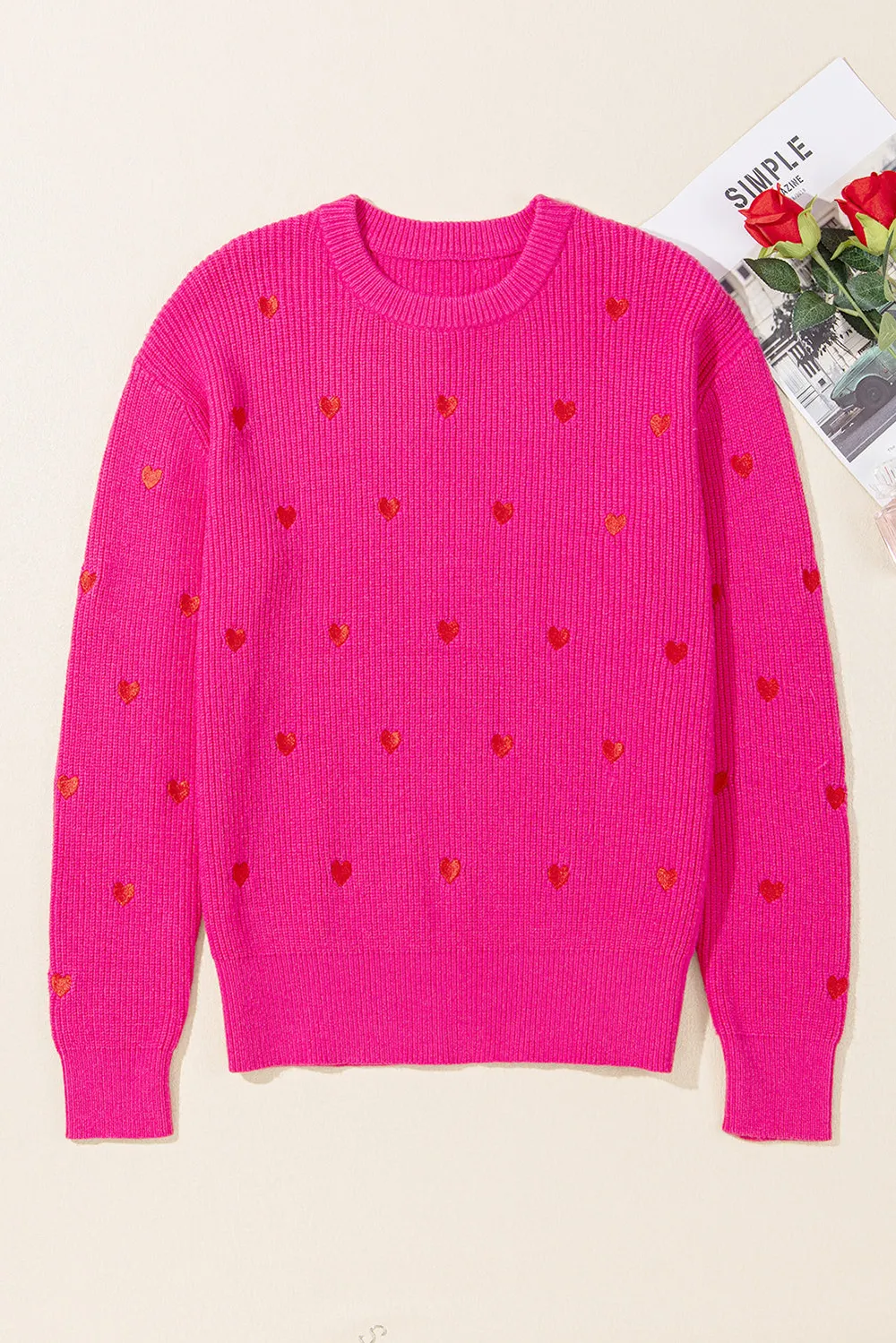 Heart Round Neck Long Sleeve Sweater, image 3