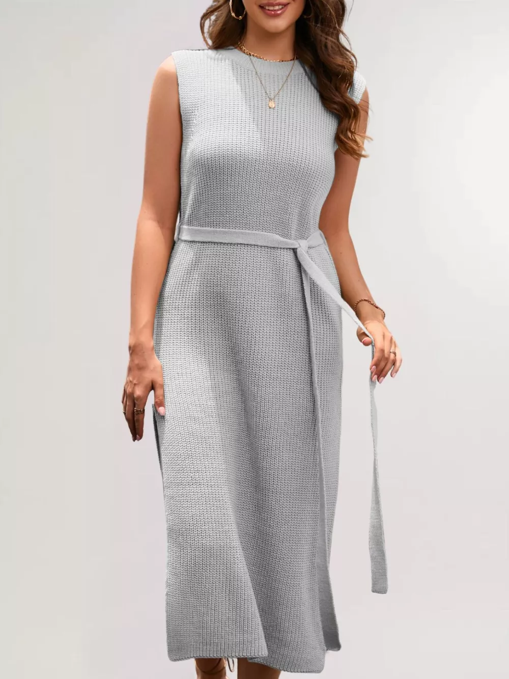 Side Slit Sleeveless Knit Midi Dress
