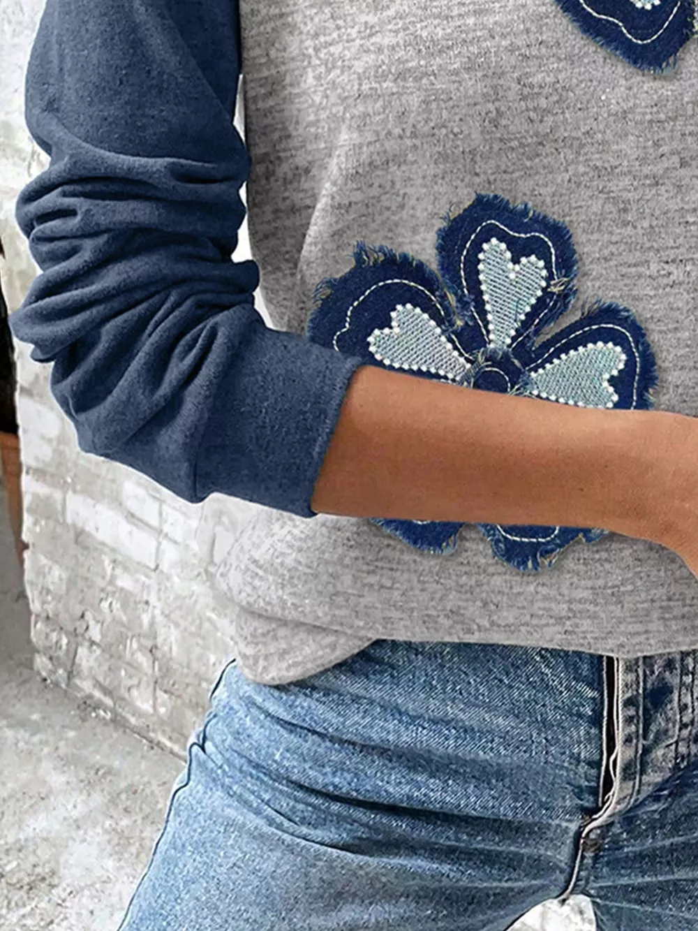 Color Block Flower Embroidered Patch Graphic Raglan Long Sleeve Top, image 3