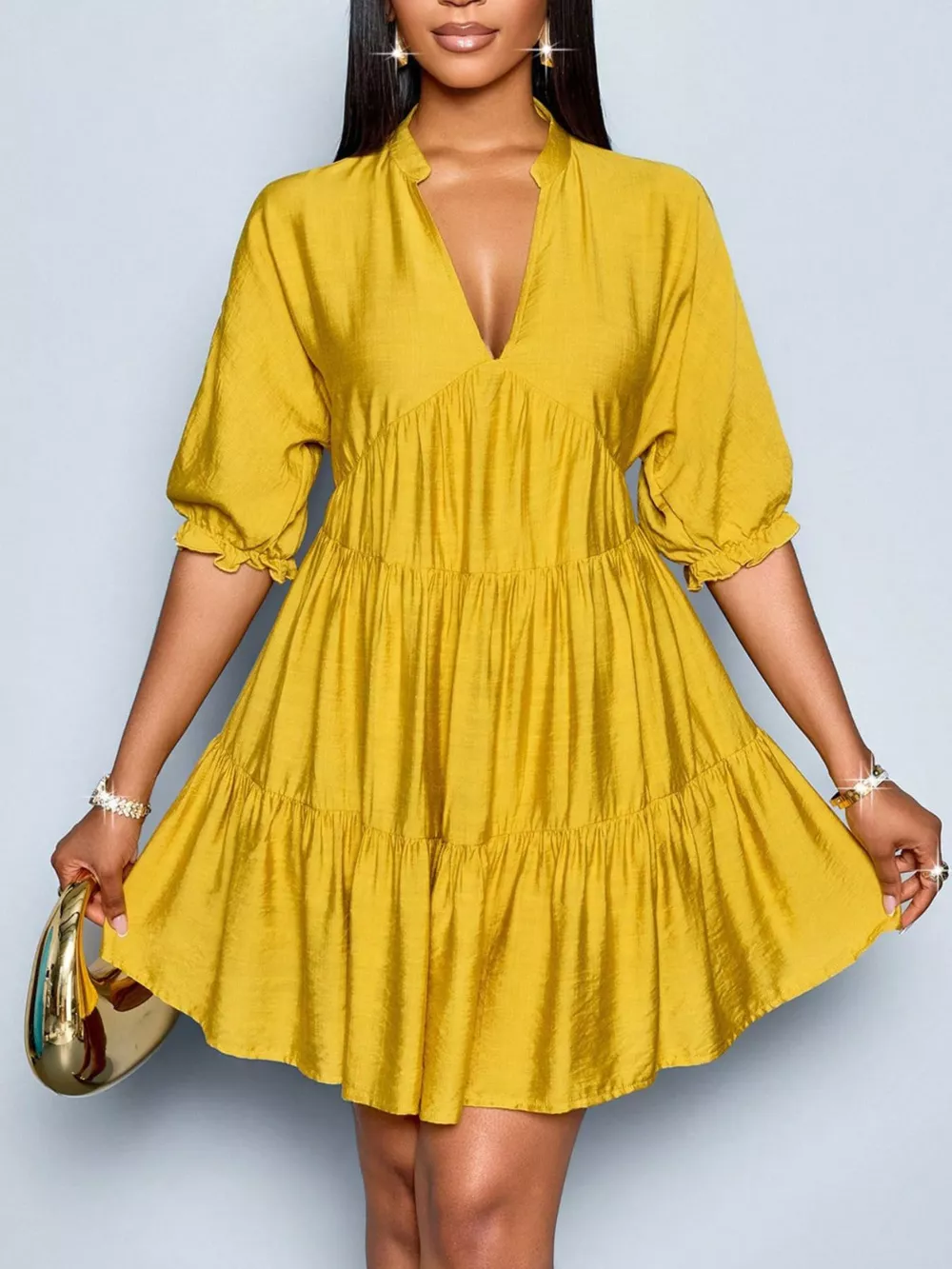 Notched Half Sleeve Tiered Dress, image 17