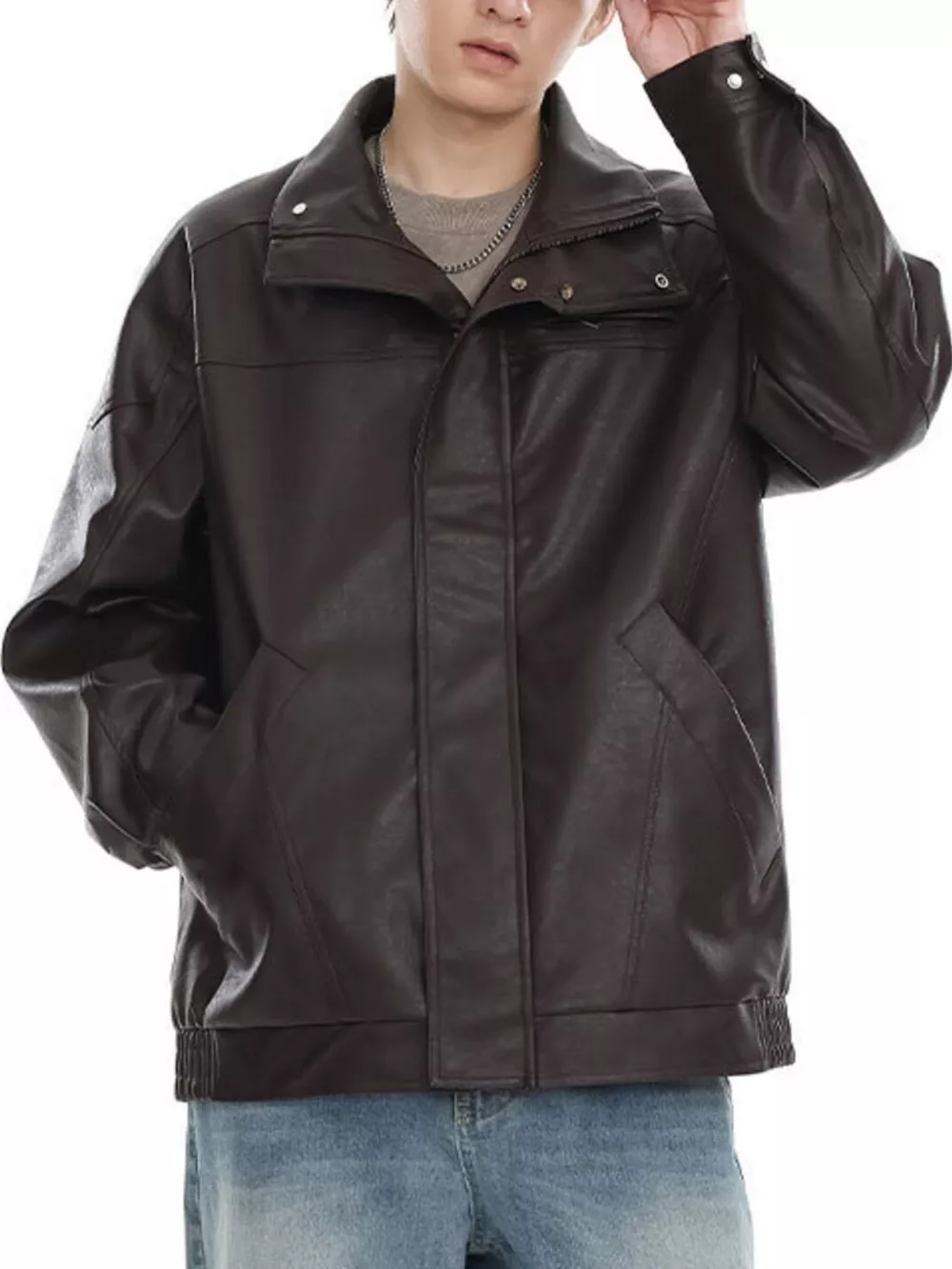 Men's Plus Size Stand Collar Leather Jacket, image 5