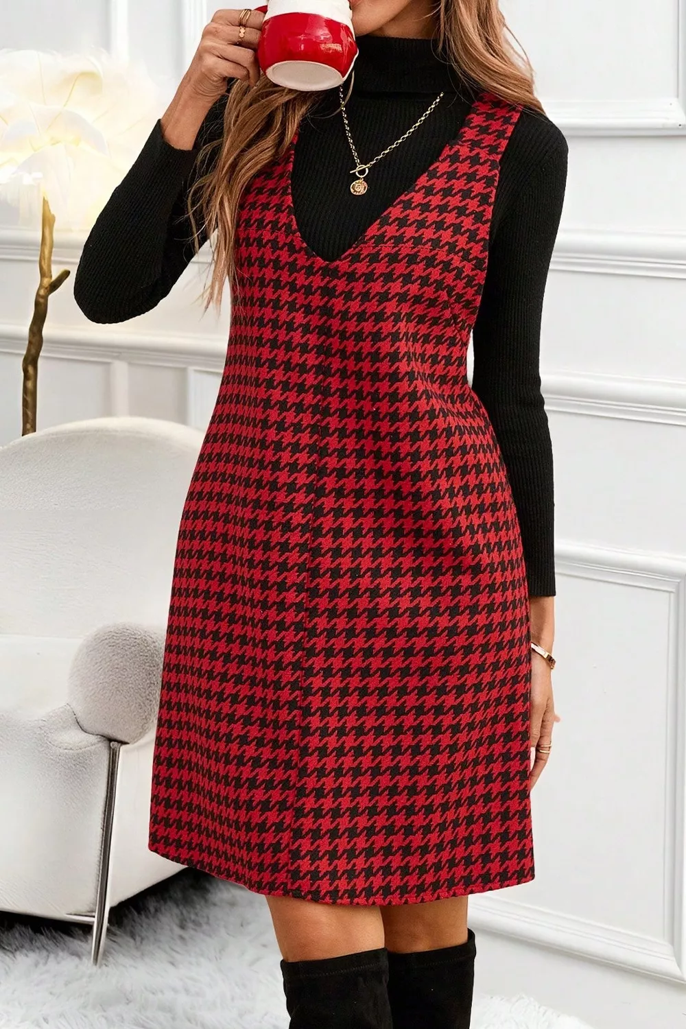 Houndstooth V-Neck Sleeveless Mini Dress, image 4