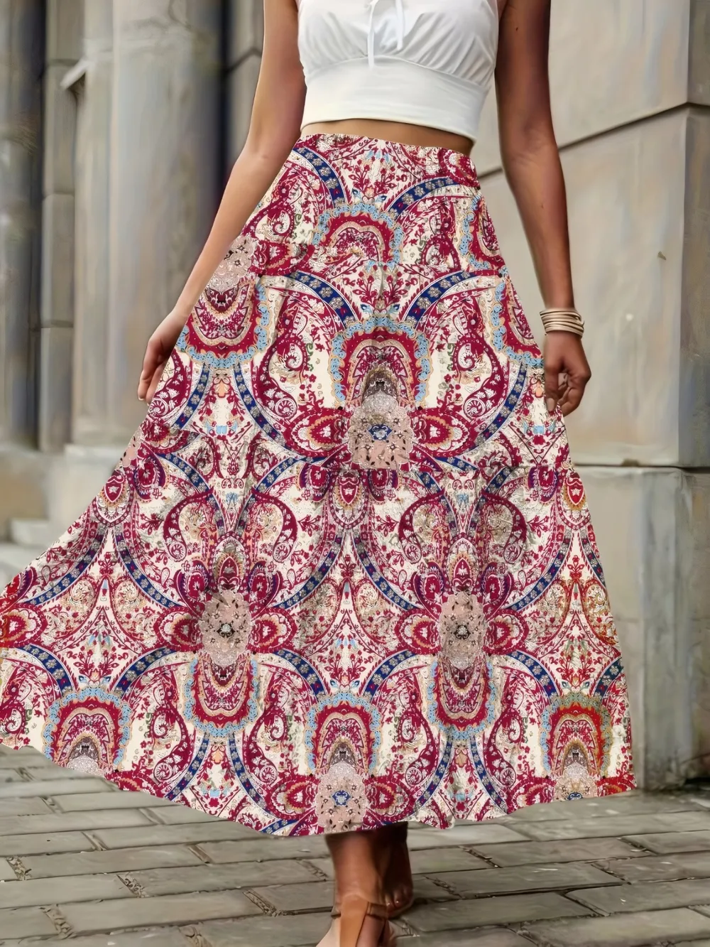 Smocked Printed High Waist Skirt, image 2
