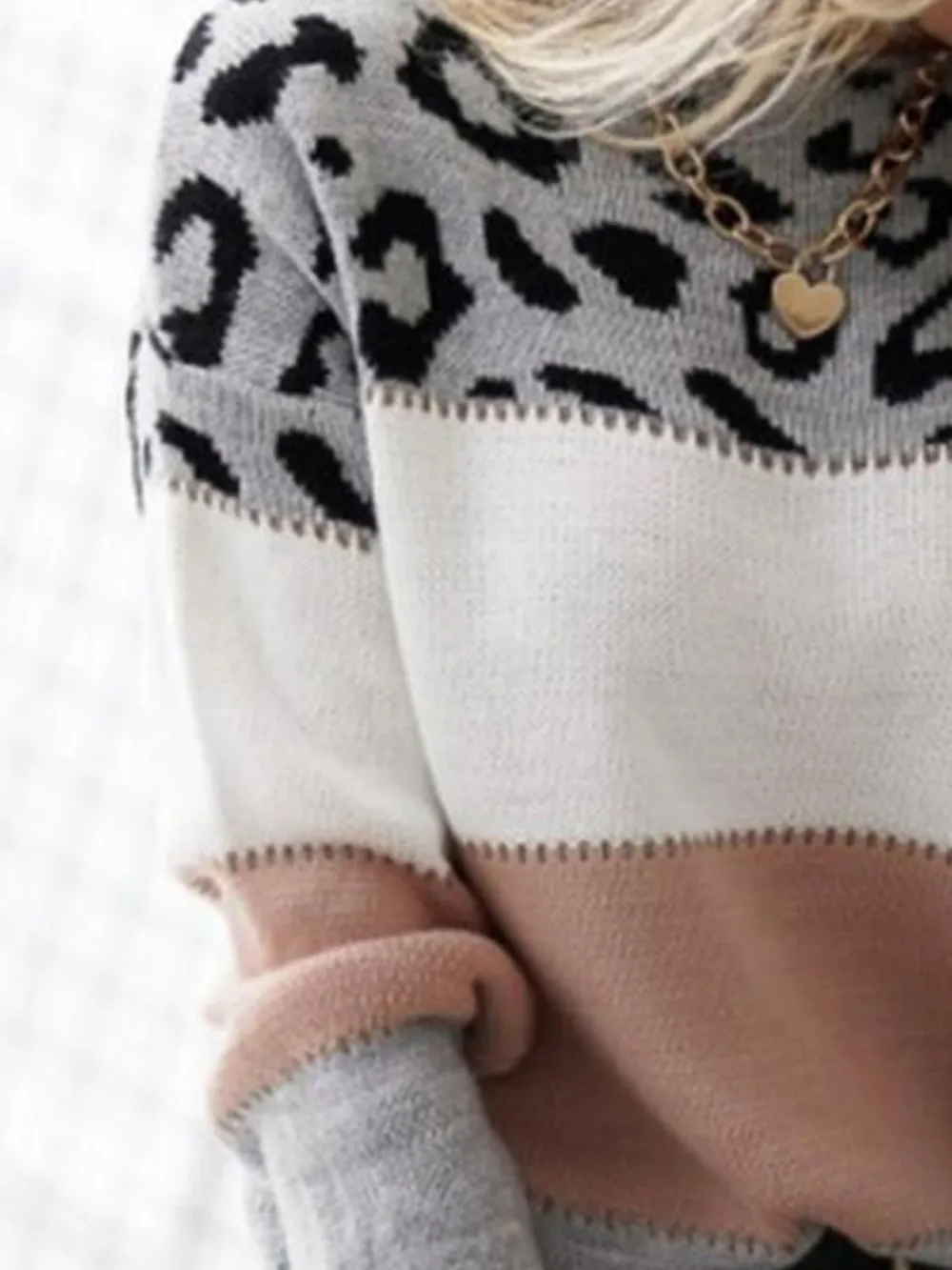 Leopard Color Block Round Neck Long Sleeve Sweater, image 3