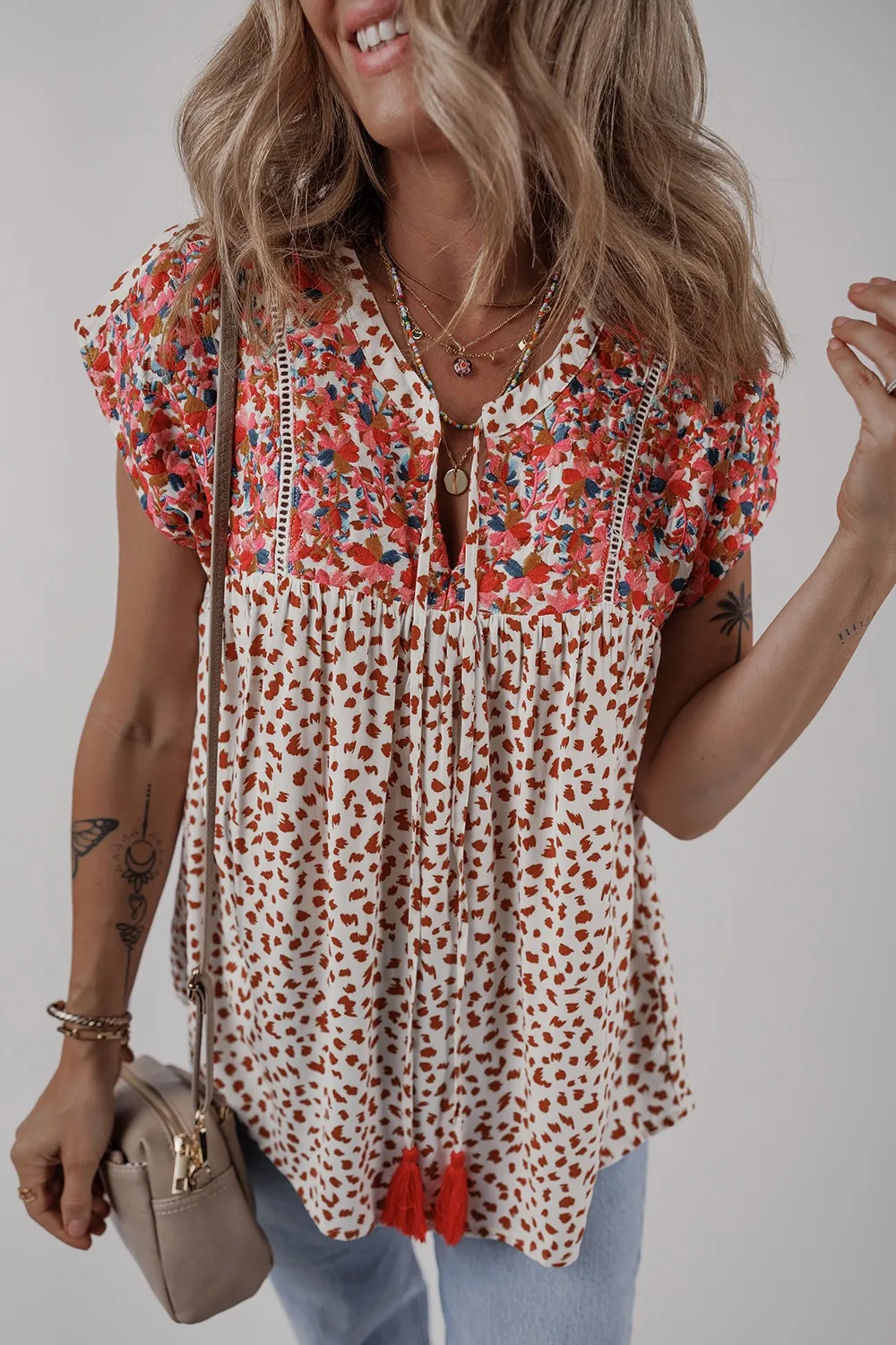 Printed Floral Embroidery Tie Neck Blouse, image 2