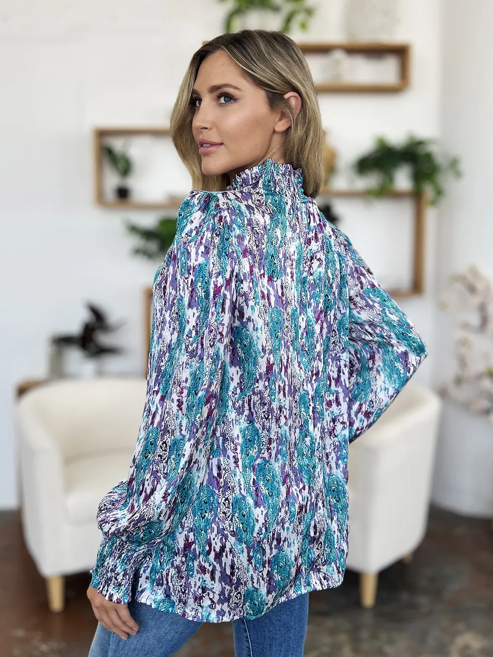 Full Size Printed Smocked Long Sleeve Blouse, image 16