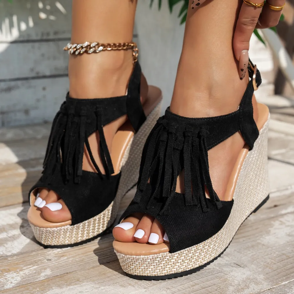 Fringe Peep Toe Wedge Sandals, image 3