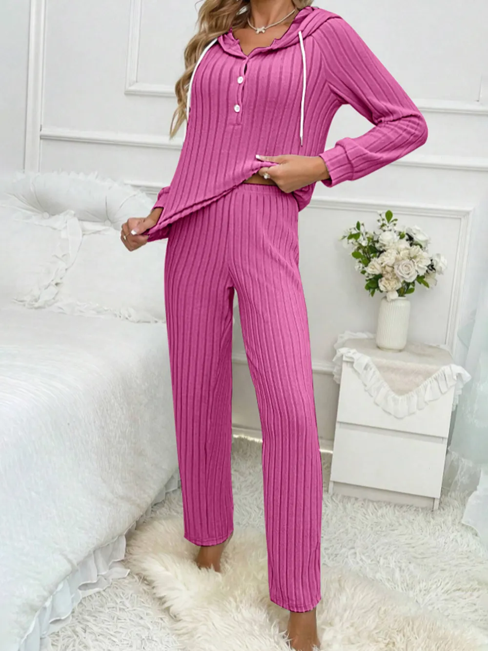 Drawstring Half Button Hooded Top and Ribbed Pants Set, image 12