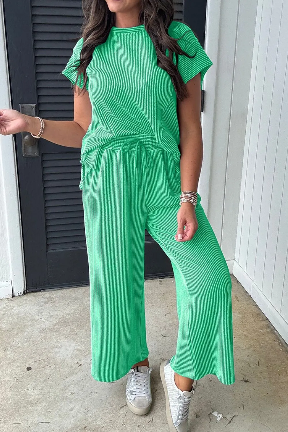 Ribbed Knit Round Neck Top and Pants Casual Set, image 4
