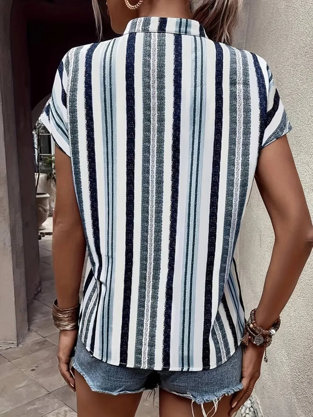 Striped Notched Short Sleeve Shirt, image 4
