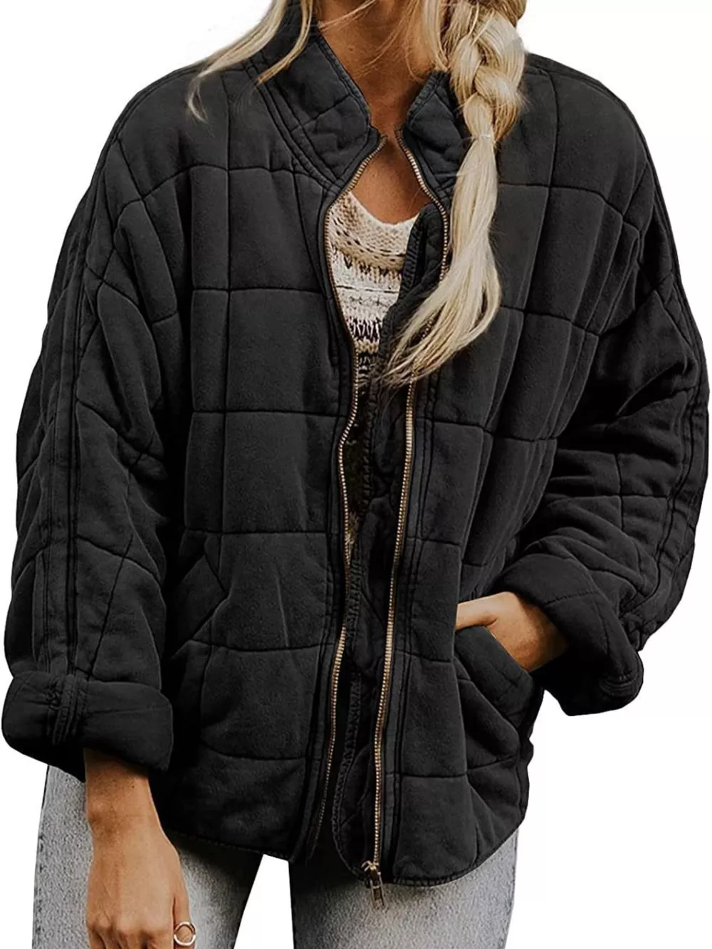 Full Size Zip Up Quilted Bomber Jacket Plus Size, image 7