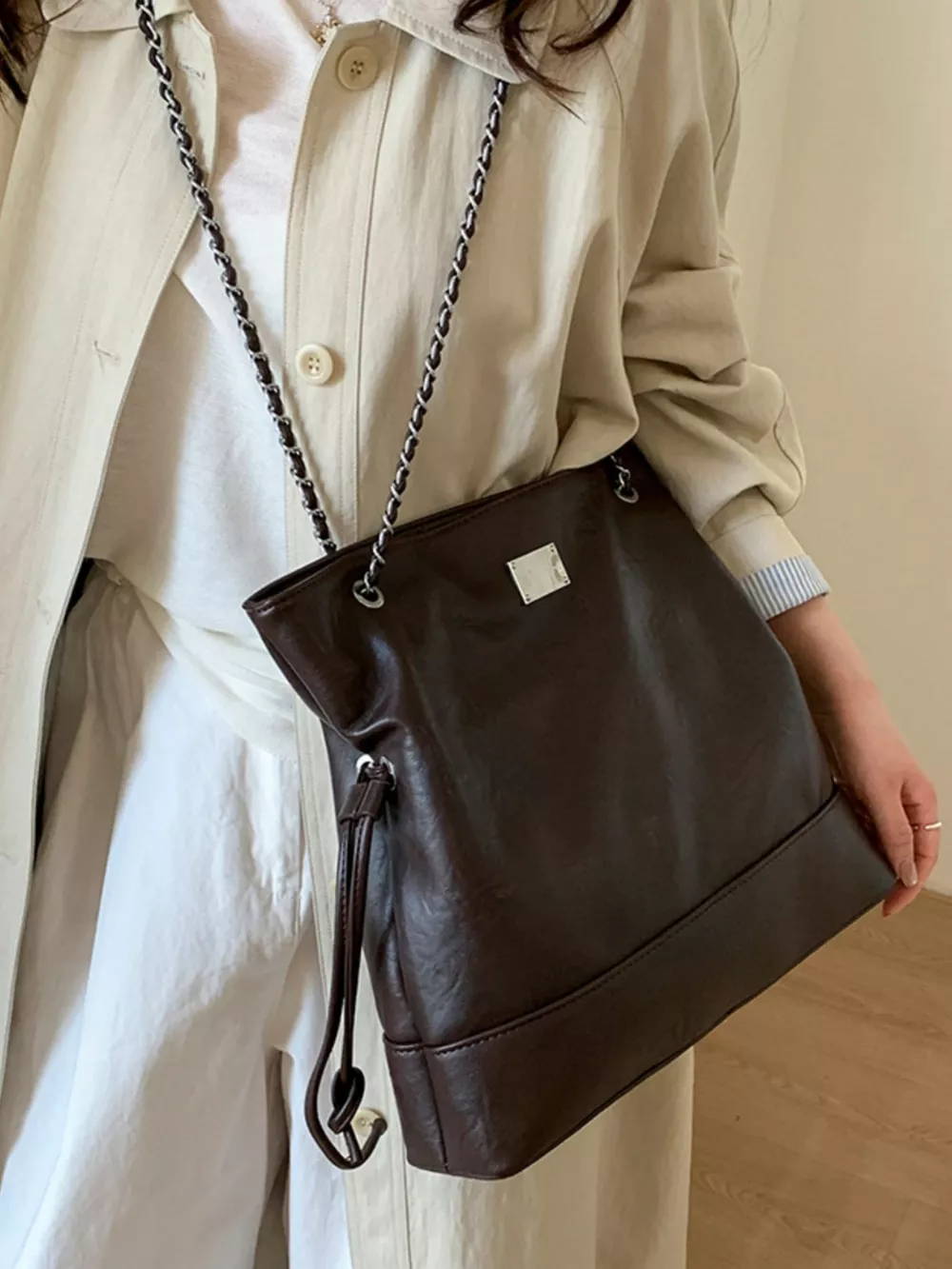 Chain Strap Faux Leather Tote Bag, image 4