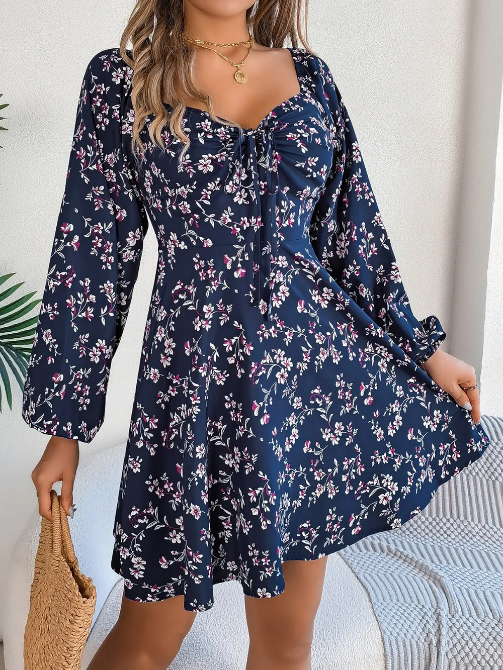 Printed Sweetheart Neck Balloon Sleeve Mini Dress, image 5